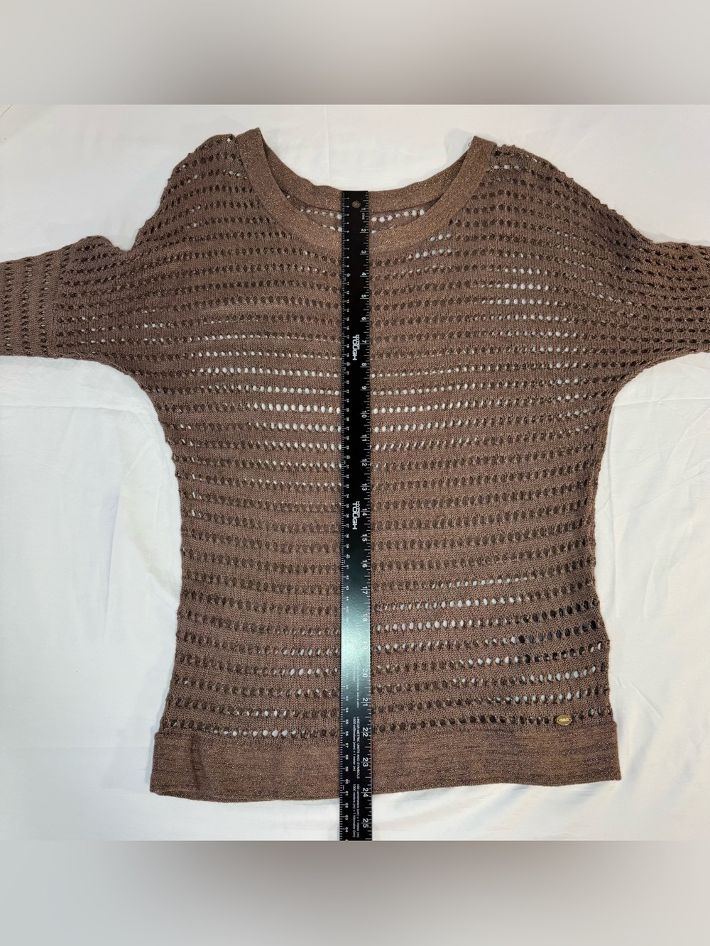 Guess Womens M Metallic Open Knit Sweater Brown Bronze Sheer - Picture 4 of 7